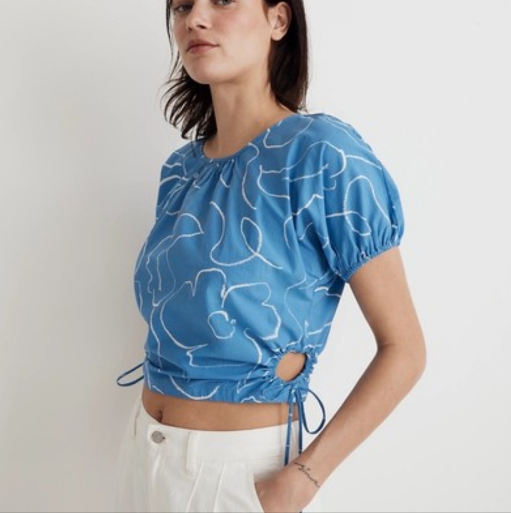 Madewell Blue Floral Poplin Blouse with Drawstring - Picture 2 of 5